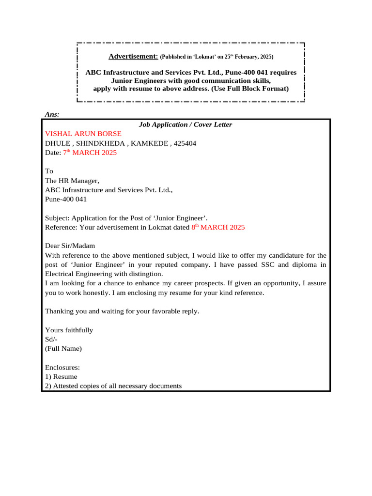 Junior Engineer Application for ABC Ltd. | PDF | Résumé