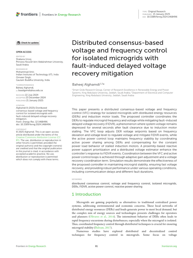Distributed Consensus-Based Voltage and Frequency Control For Isolated ...