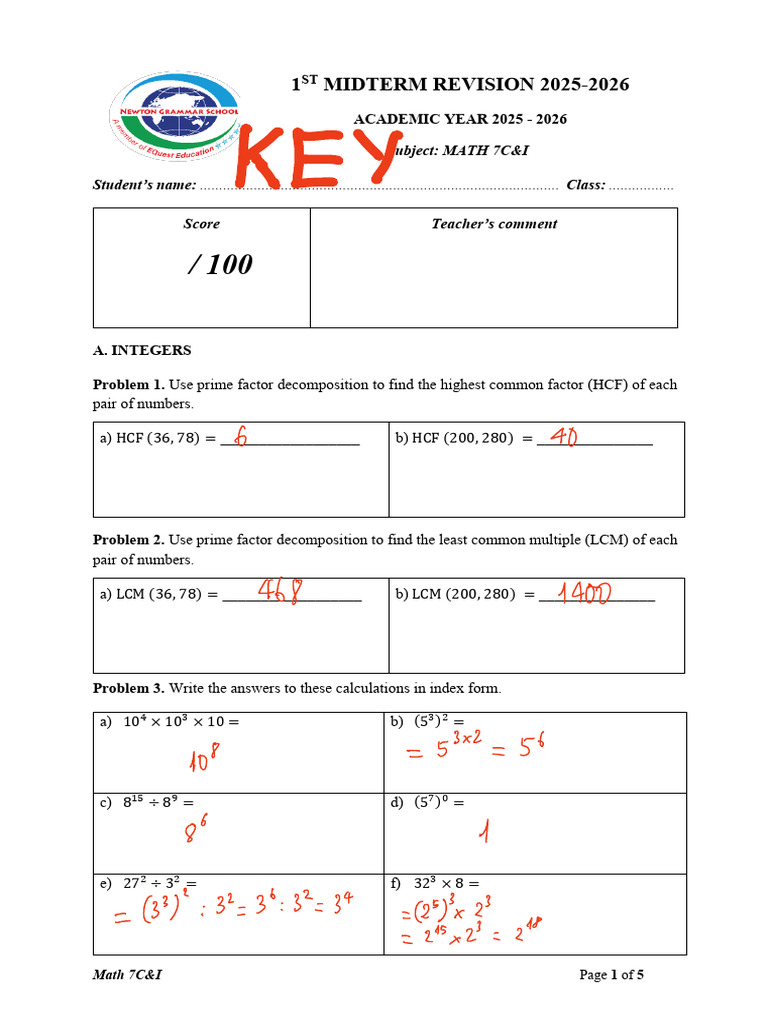 KEY 7C&I M1 Review Sheet 25-26 XE1 | PDF | Mathematical Concepts ...