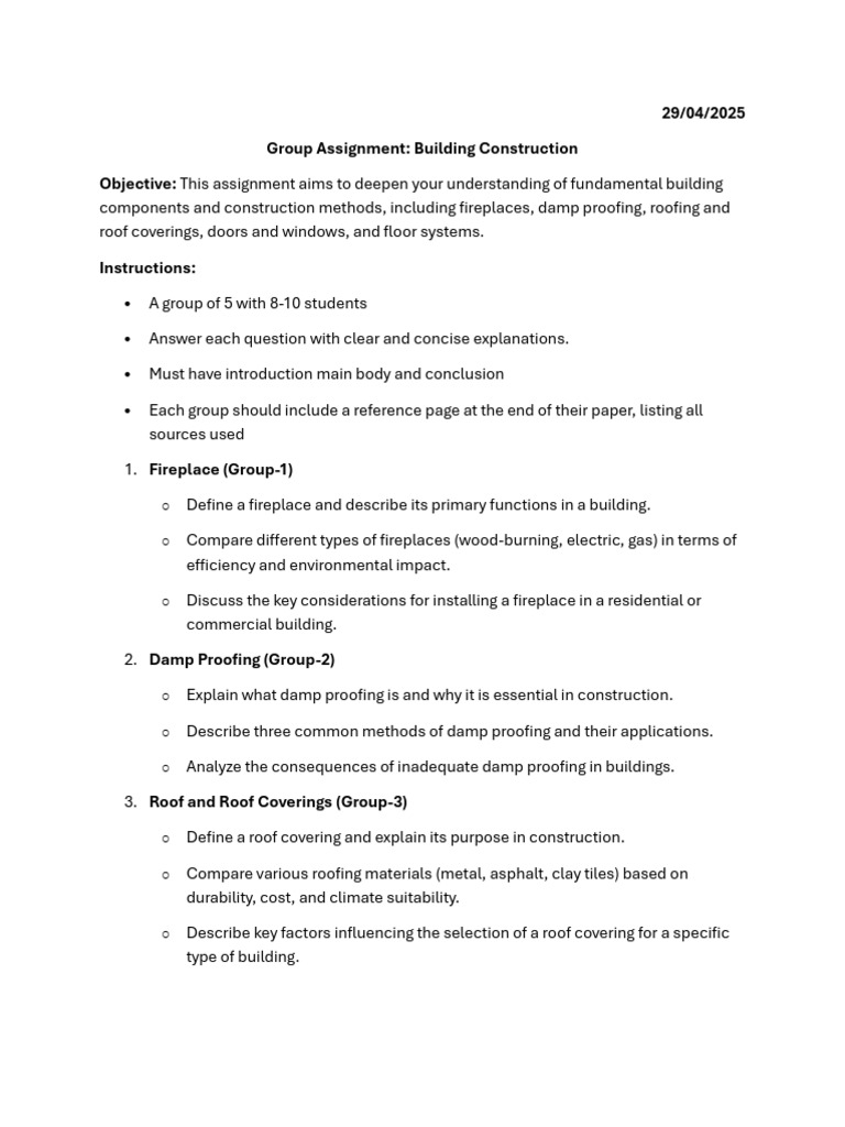 Group Assignment Building Construction | PDF | Roof | Fireplace