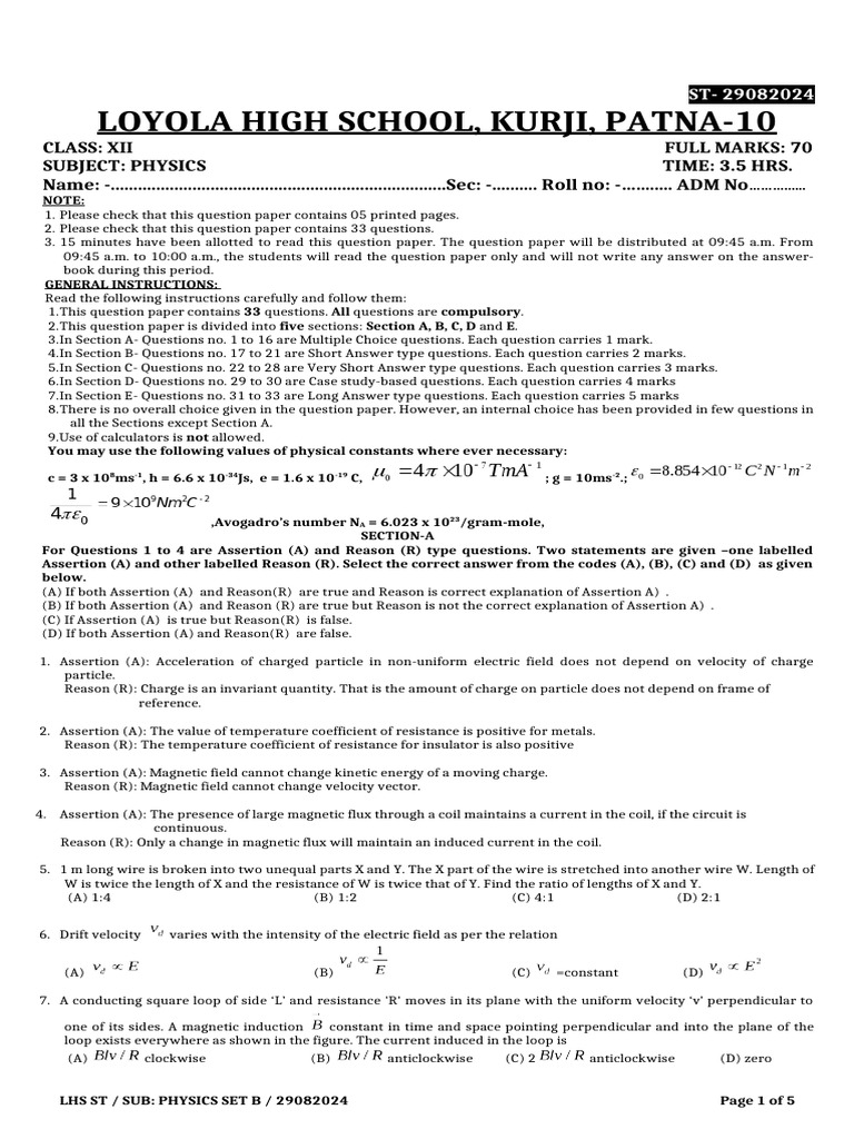 Class XII Physics Question Paper | PDF | Inductance | Magnetic Field