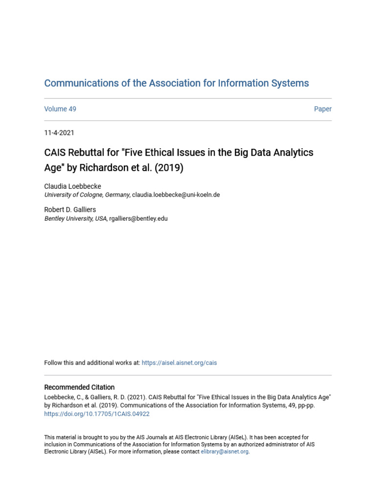 CAIS Rebuttal For Five Ethical Issues in The Big Data Analytics | PDF ...