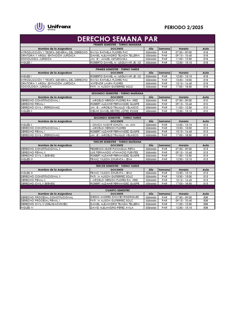 Asignaturas y Horarios Derecho 2025 | PDF | Justicia | Crimen y violencia
