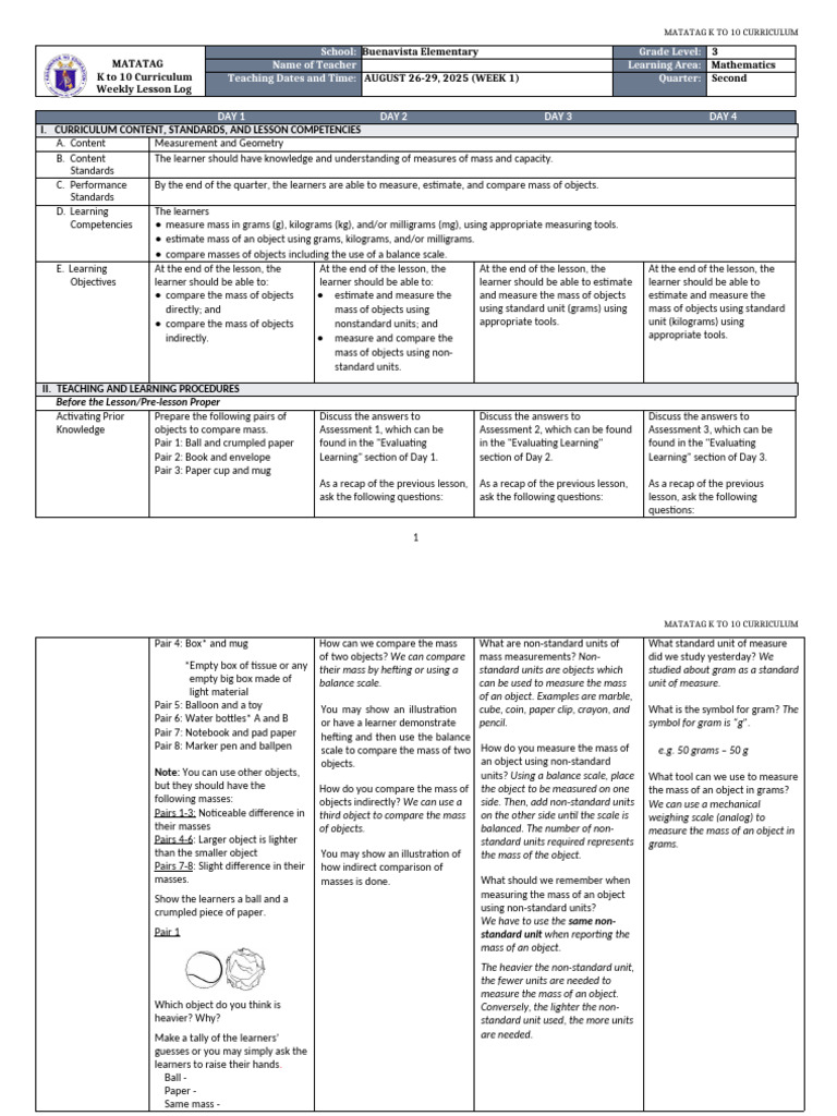 K-10 Math Lesson Plan: Mass Measurement | PDF | Weighing Scale | Weight