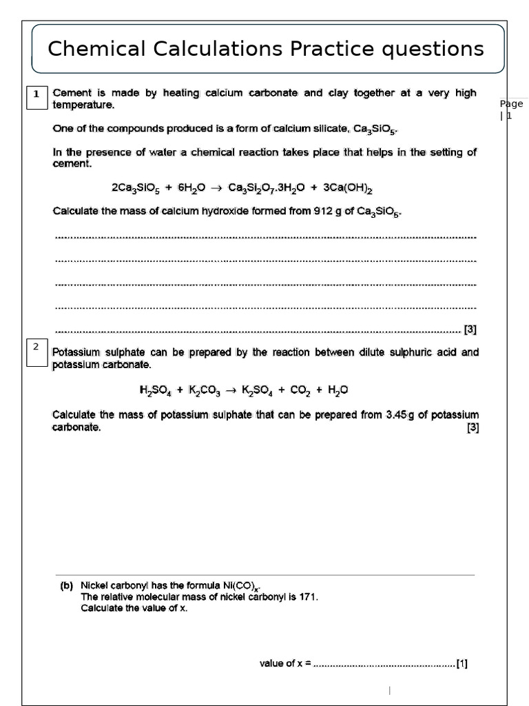Chemical Calculations Practice Questions | PDF