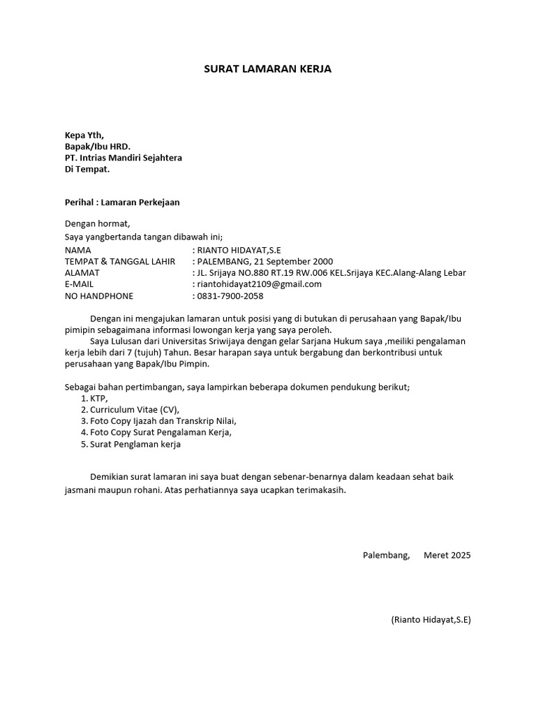Lamaran Kerja Rianto Hidayat, S.E. | PDF