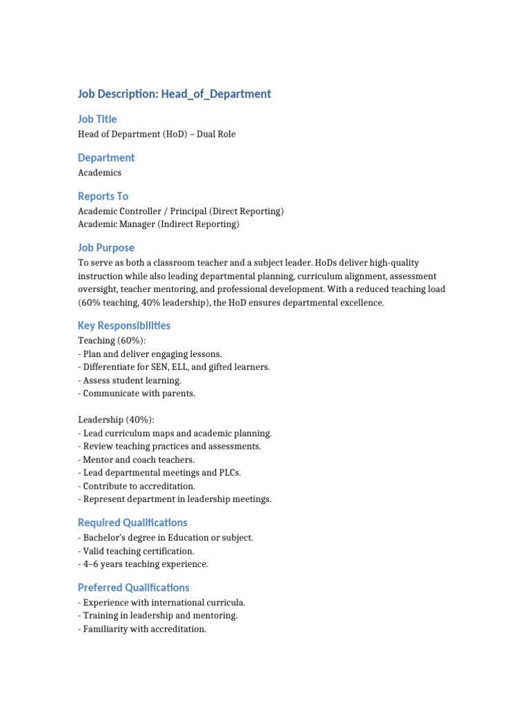 Head of Department Job Description | PDF