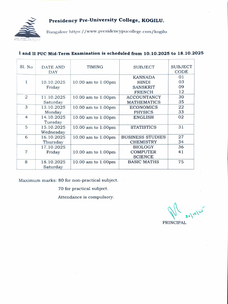 I & II PUC Mid-Term Exam Schedule 2025 | PDF