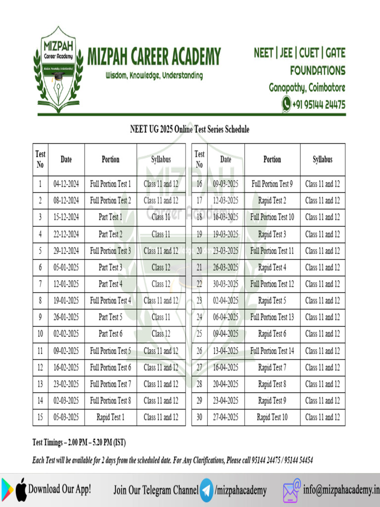 NEET UG 2025 Test Series Schedule | PDF | Standardized Tests | Student ...