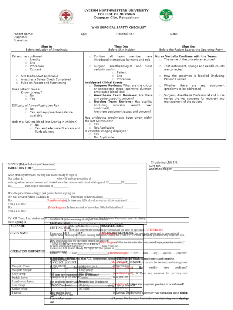 WHO Surgical Safety Checklist Template | PDF | Surgery | Anesthesia