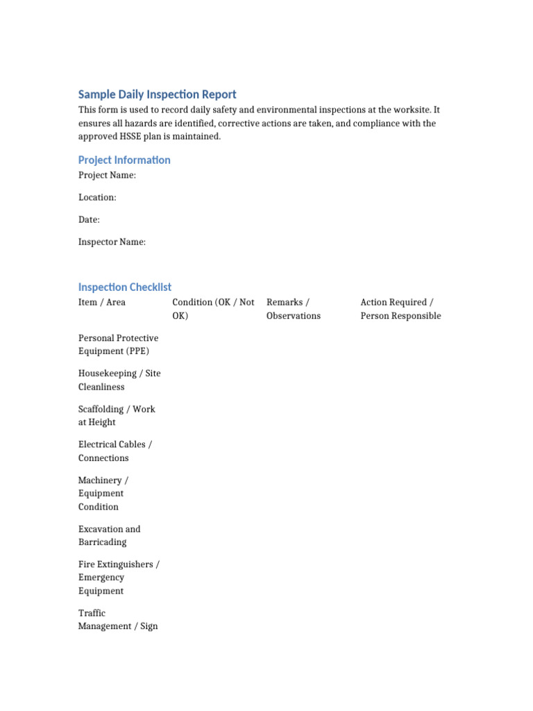 Daily Safety Inspection Report Template | PDF