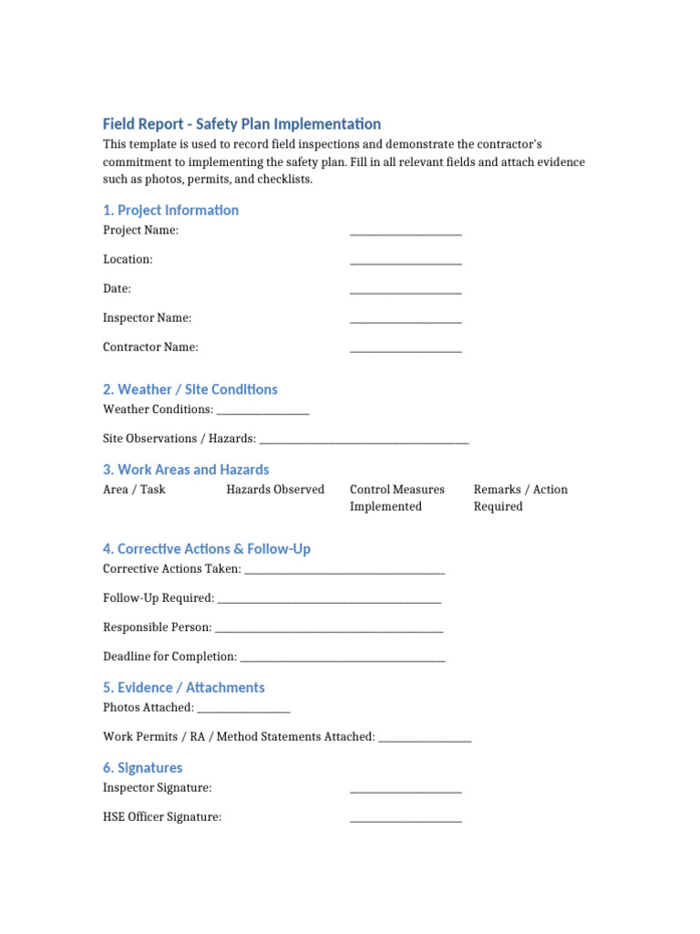 Safety Plan Field Inspection Report | PDF