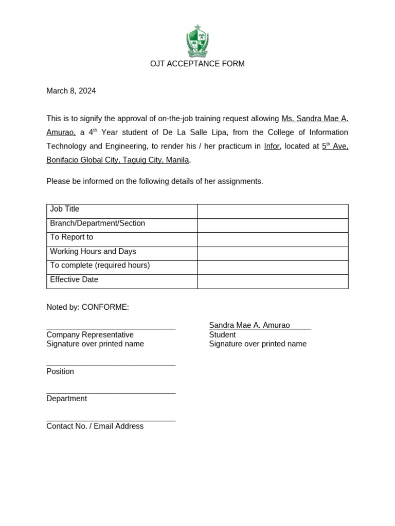 OJT Acceptance Form for Sandra Amurao | PDF