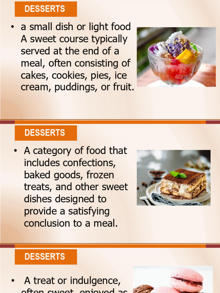 Dessert Types and Ingredients Guide | PDF | Desserts | Cakes