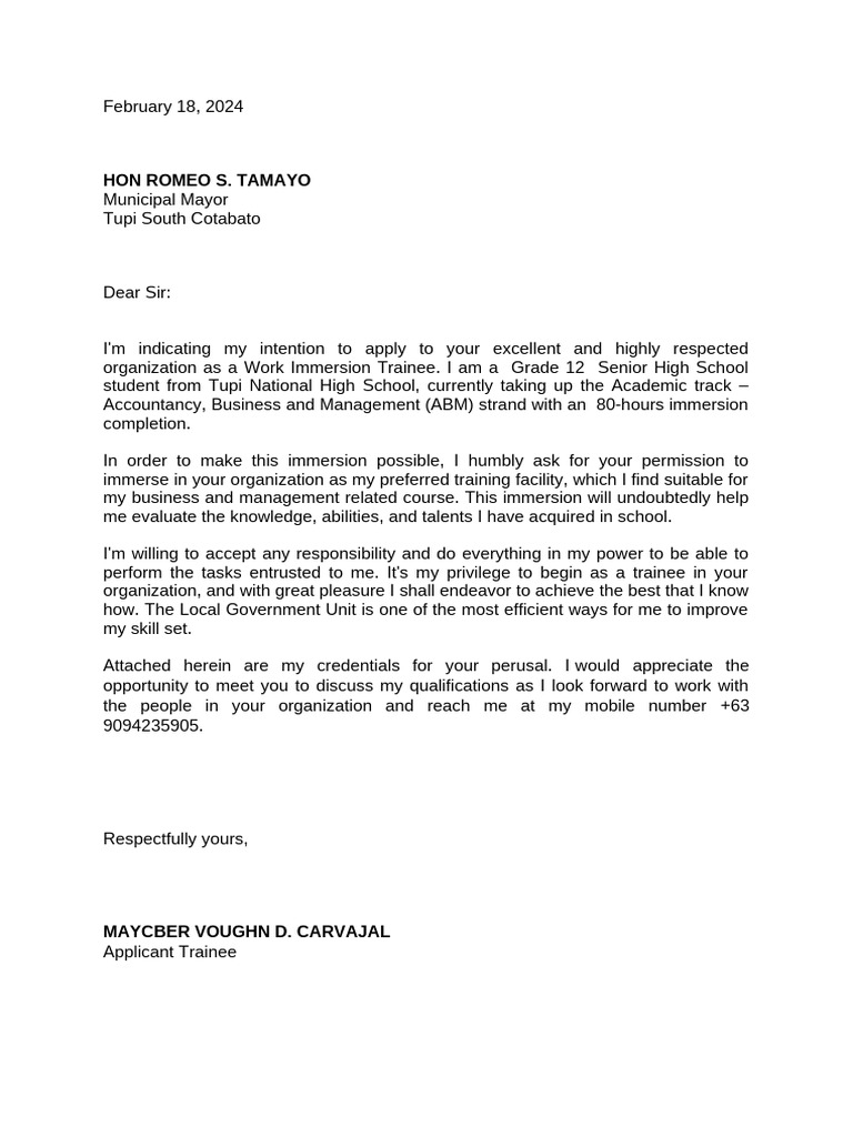 Work Immersion Application Letter | PDF