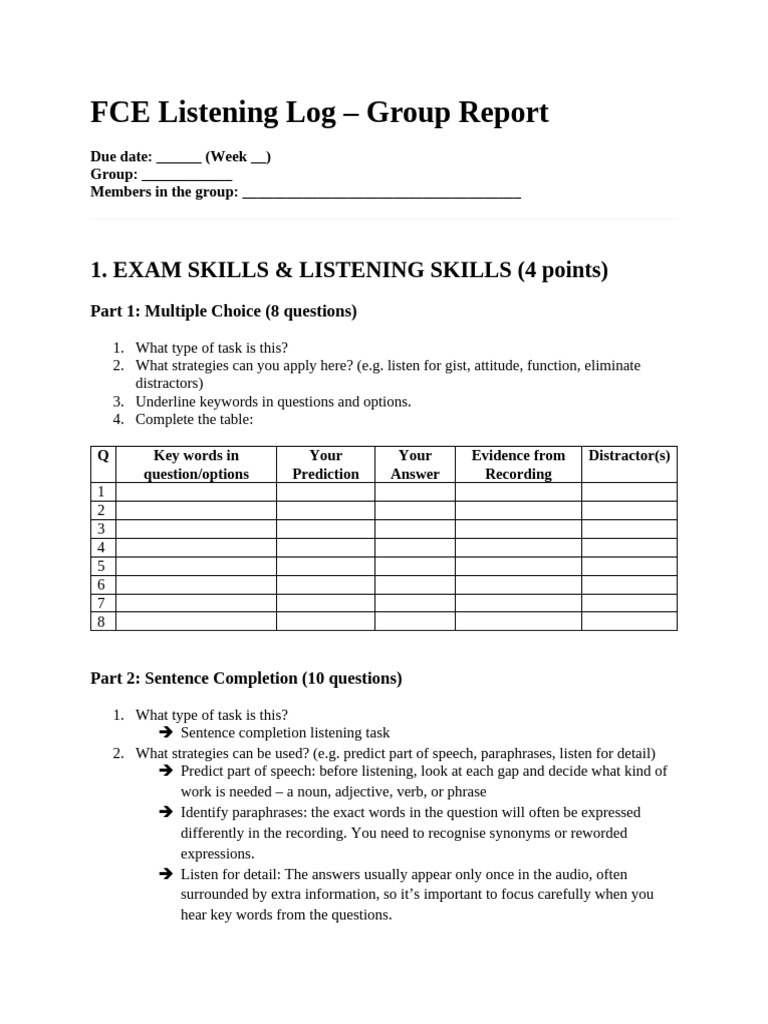 FCE Listening Log Group Report Guide | PDF | Part Of Speech | Noun