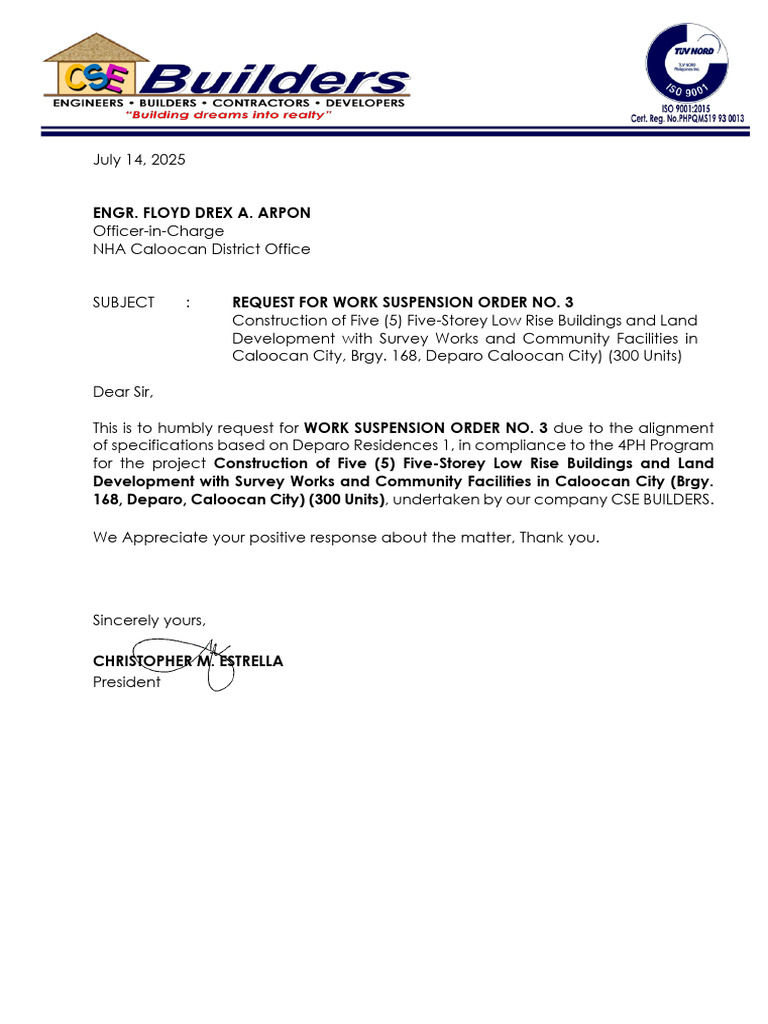 Request for Work Suspension Order 3 | PDF