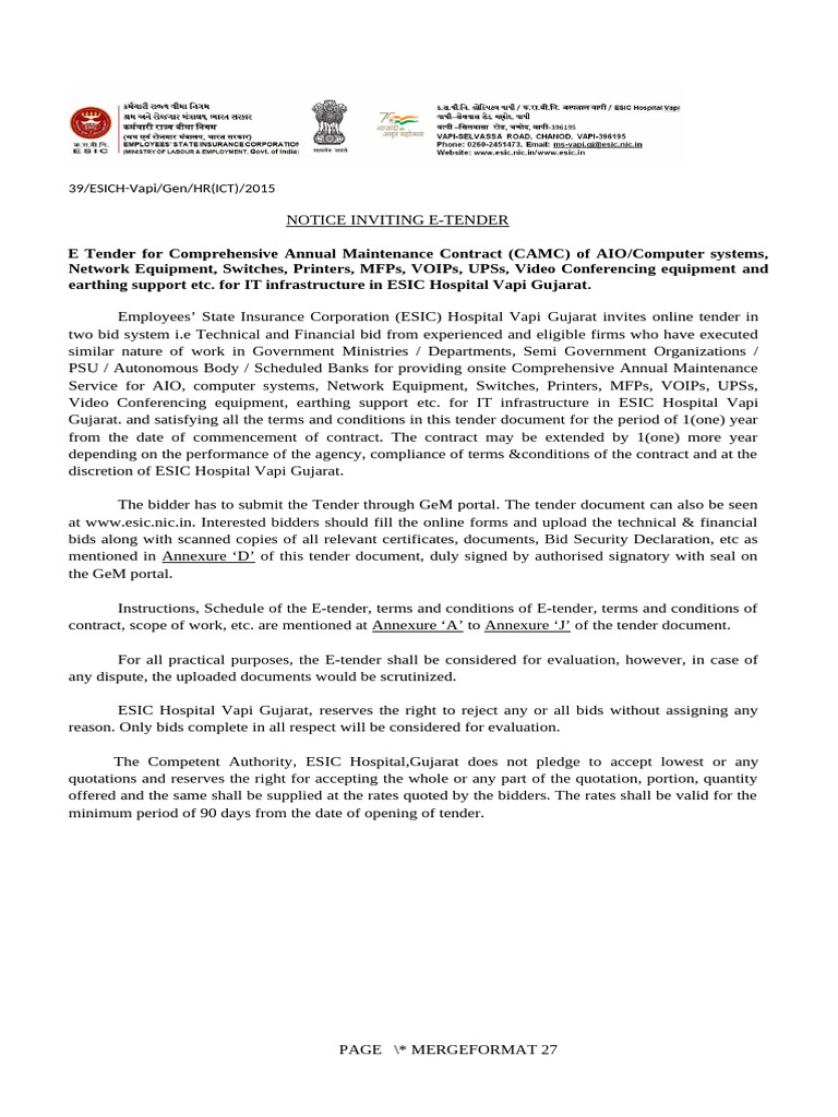 E-Tender for IT Maintenance at ESIC Vapi | PDF | Computer Network ...