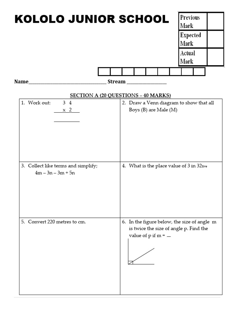 Kololo Junior School P.7 Math Exam 2022 | PDF