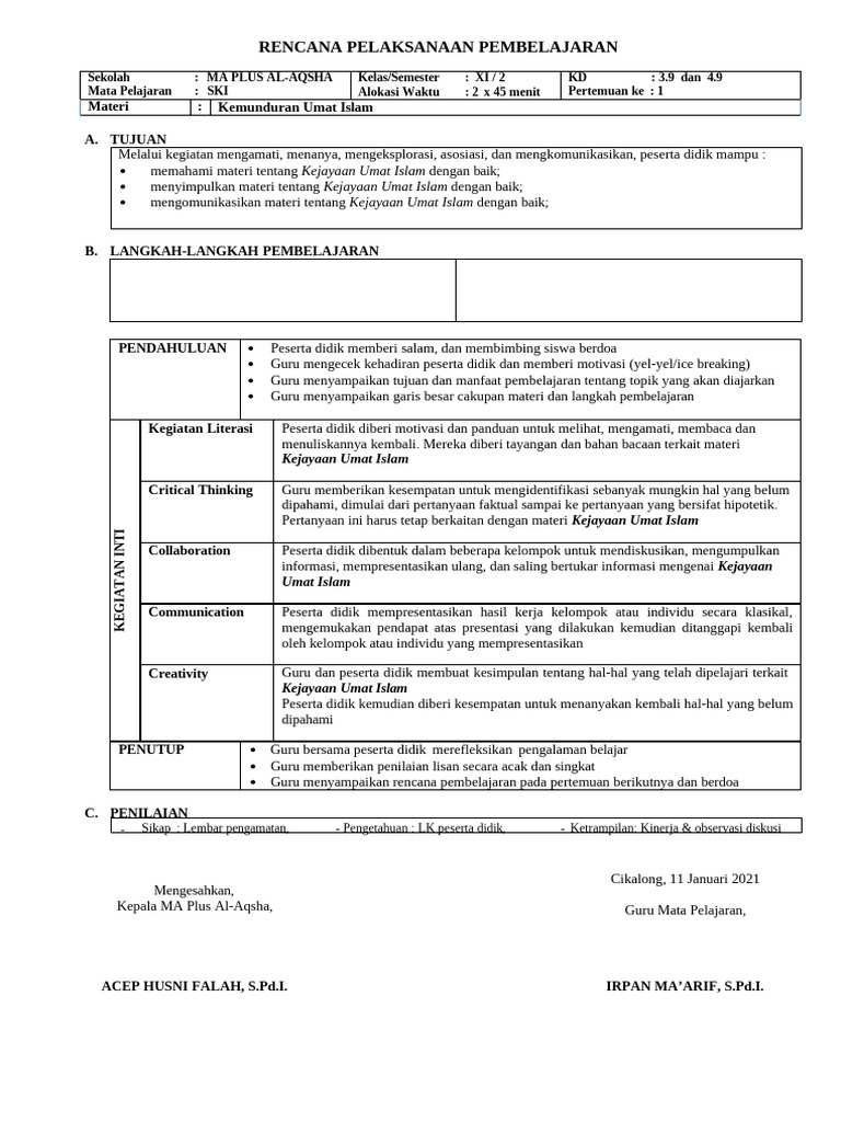 06 RPP 1 Lembar Ski Kelas 11 KD 09 SMT 2 | PDF