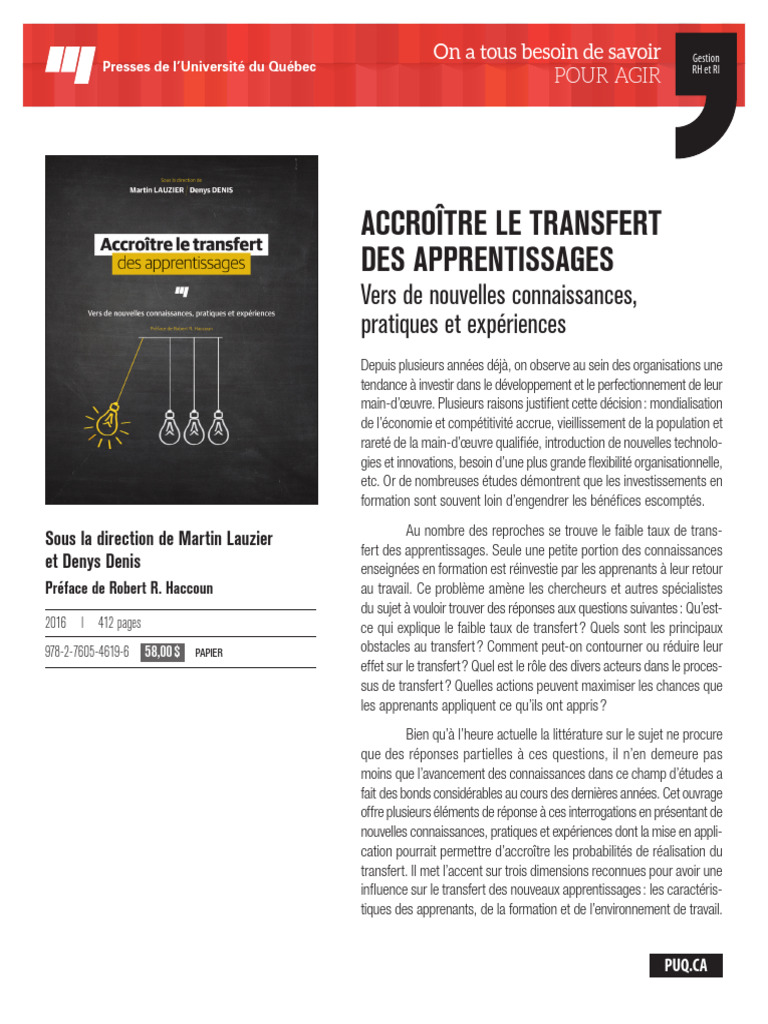 Accroître le Transfert des Apprentissages | PDF | Psychologie du ...