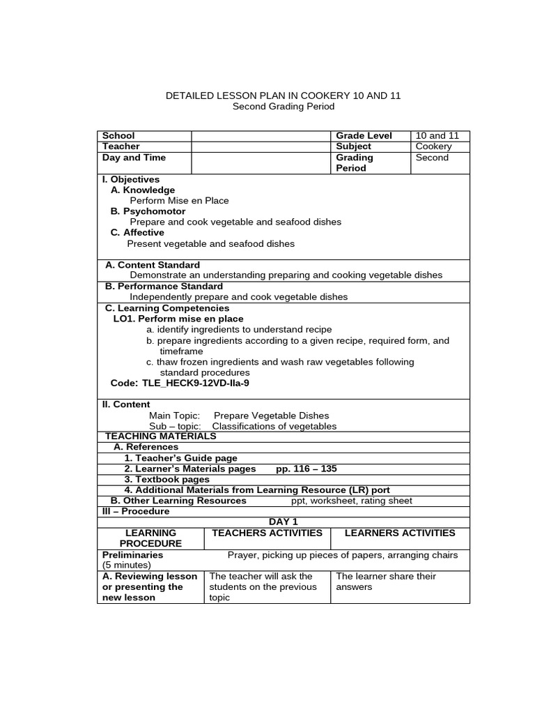 Detailed Lesson Plan in Cookery 10 and 11 | PDF | Recipe | Teachers
