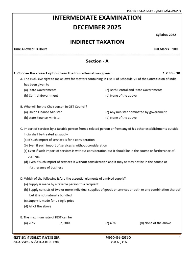 Indirect Taxation Exam Guide CMA CA | PDF | Value Added Tax | Taxes