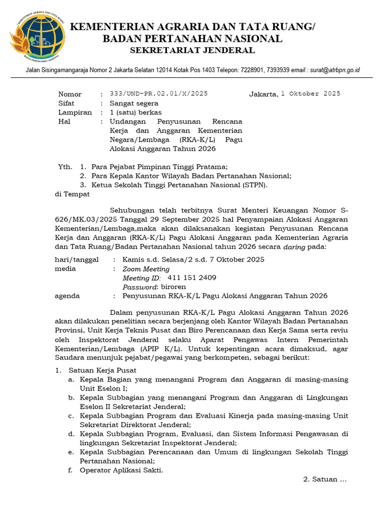 Undangan RKA-K/L 2026 Kementerian ATR/BPN | PDF