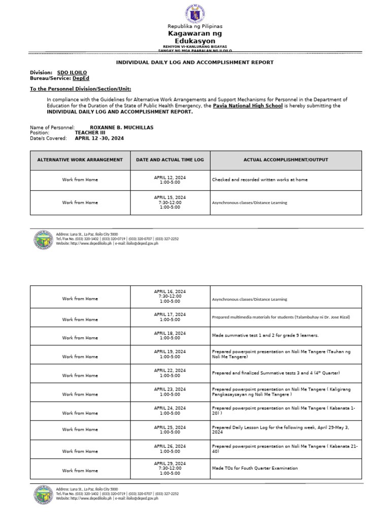 Individual Daily Log and Accomplishment Report Final Format | PDF