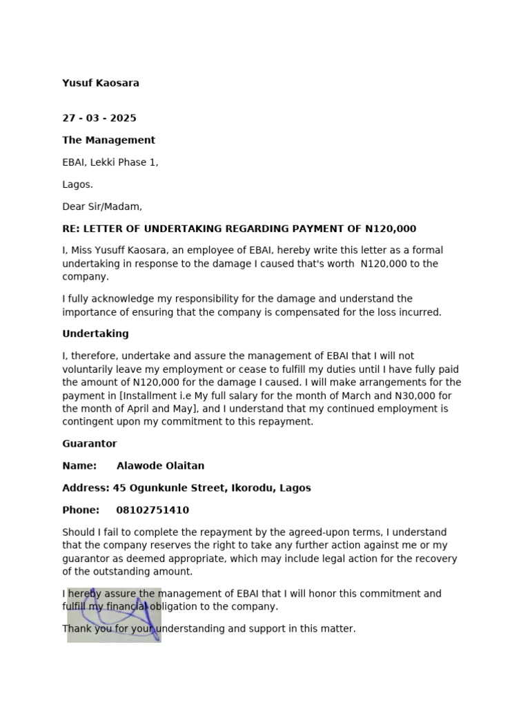 Payment Undertaking for N120,000 Damage | PDF