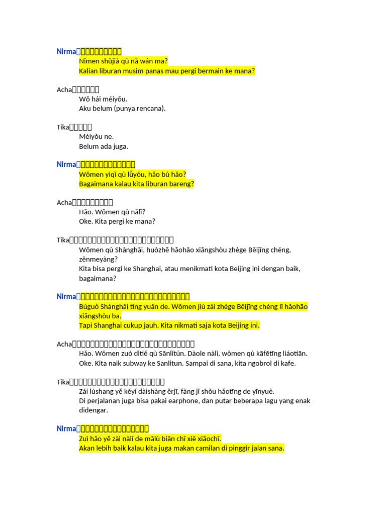 Dialog Liburan - Nirma Highlighted | PDF