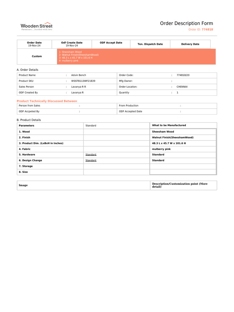 Advin Bench Order Details Form | PDF