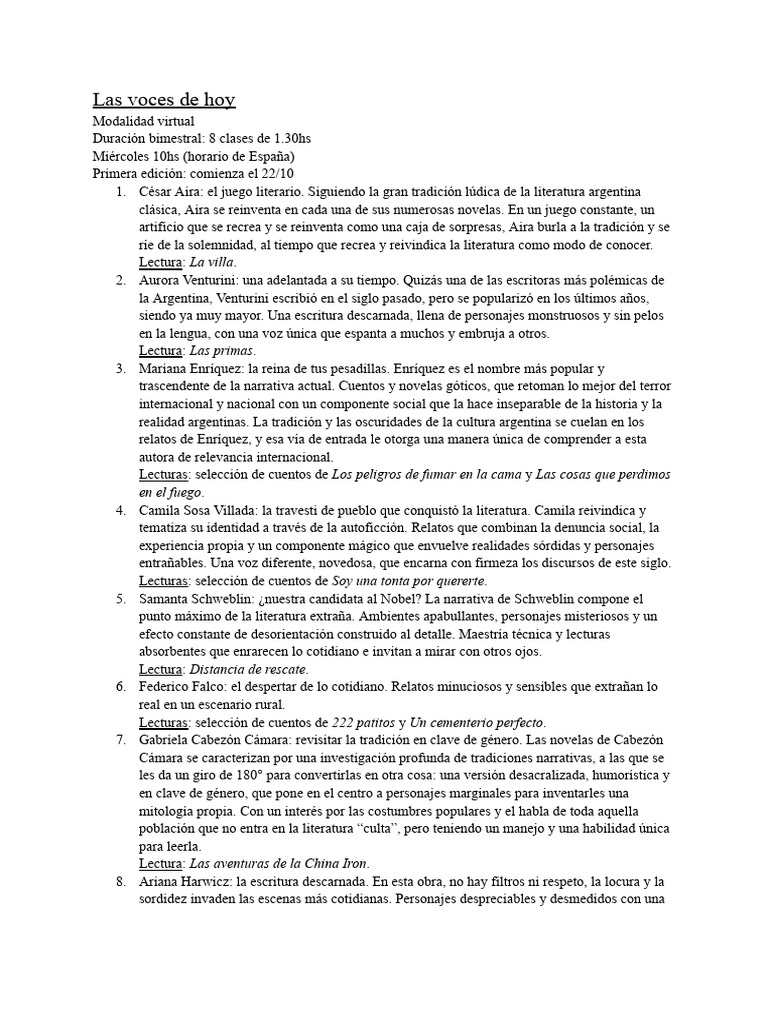 Programa - Las Voces de Hoy. Curso de Literatura Argentina ...