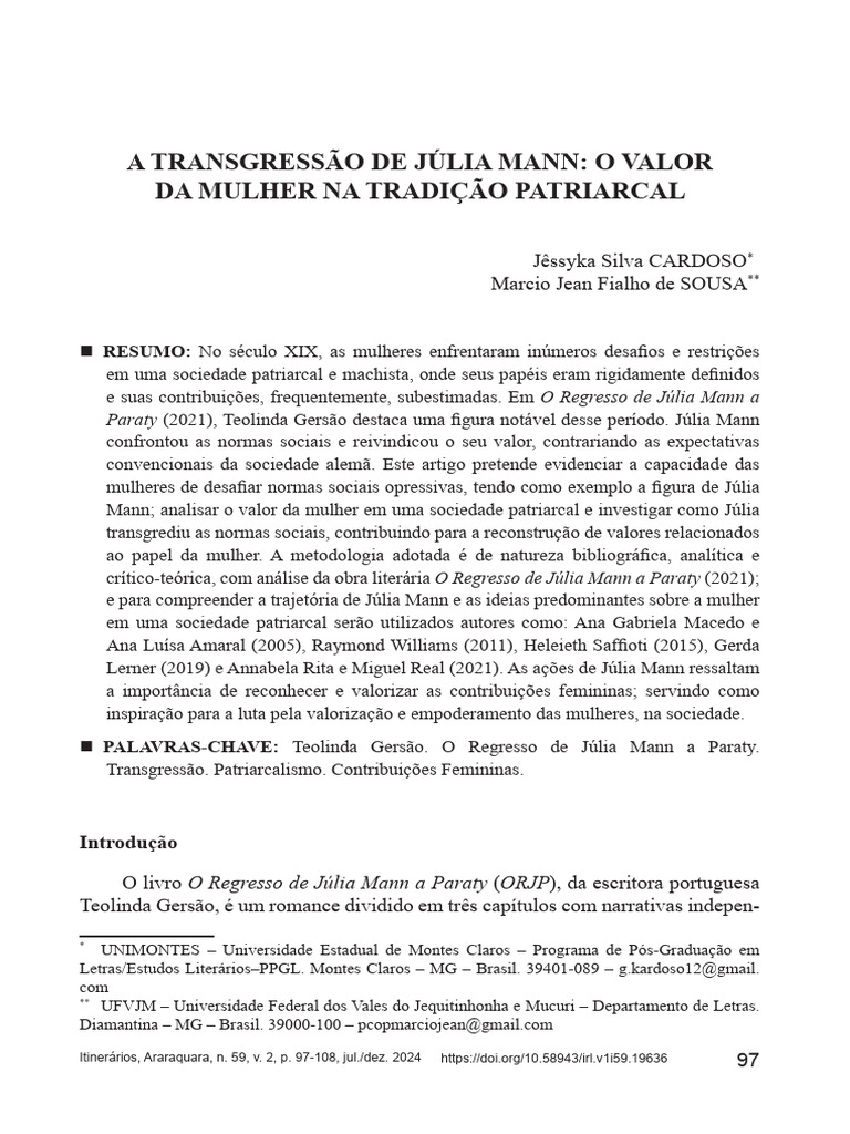 Júlia Mann: Transgressão e Valor Feminino | PDF | Gênero | Estudos de ...