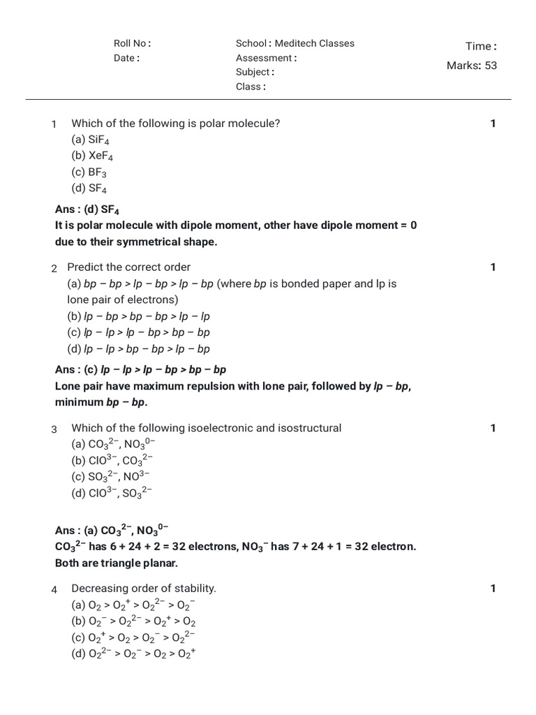 Chemistry Assessment Questions and Answers | PDF | Chemical Bond ...