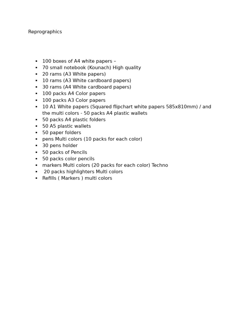 Comprehensive Reprographics Supplies List | PDF