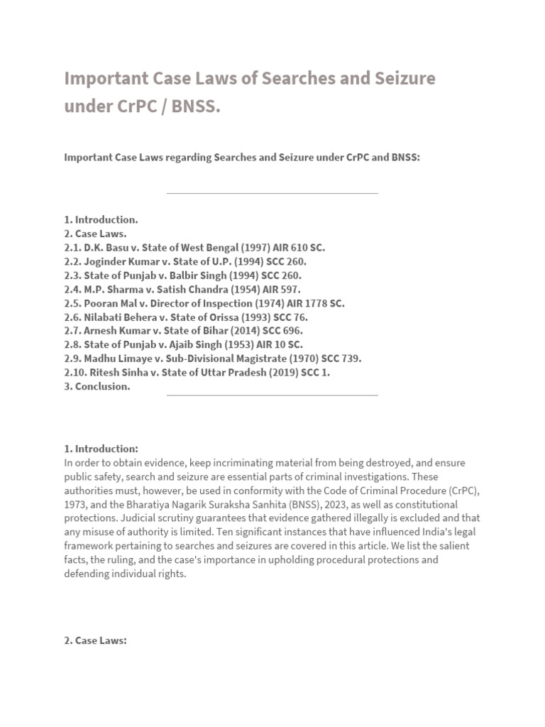 Important Case Laws of Searches and Seizure Under BNSS. | PDF | Arrest ...