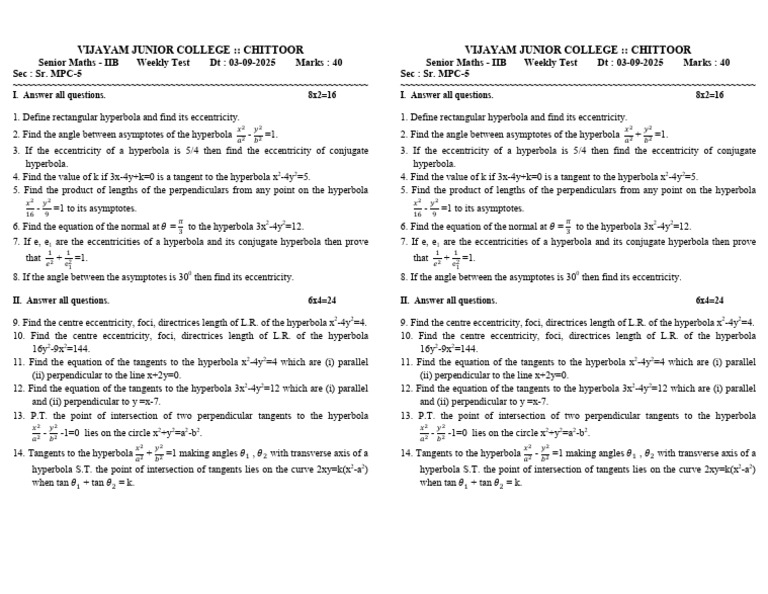 Senior Maths IIB Weekly Test on Hyperbolas | PDF | Perpendicular ...