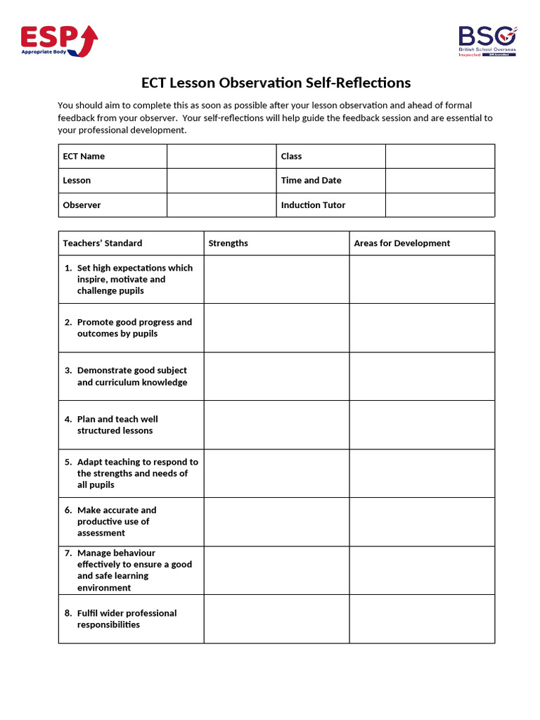 ECT Lesson Observation Self-Reflections | PDF