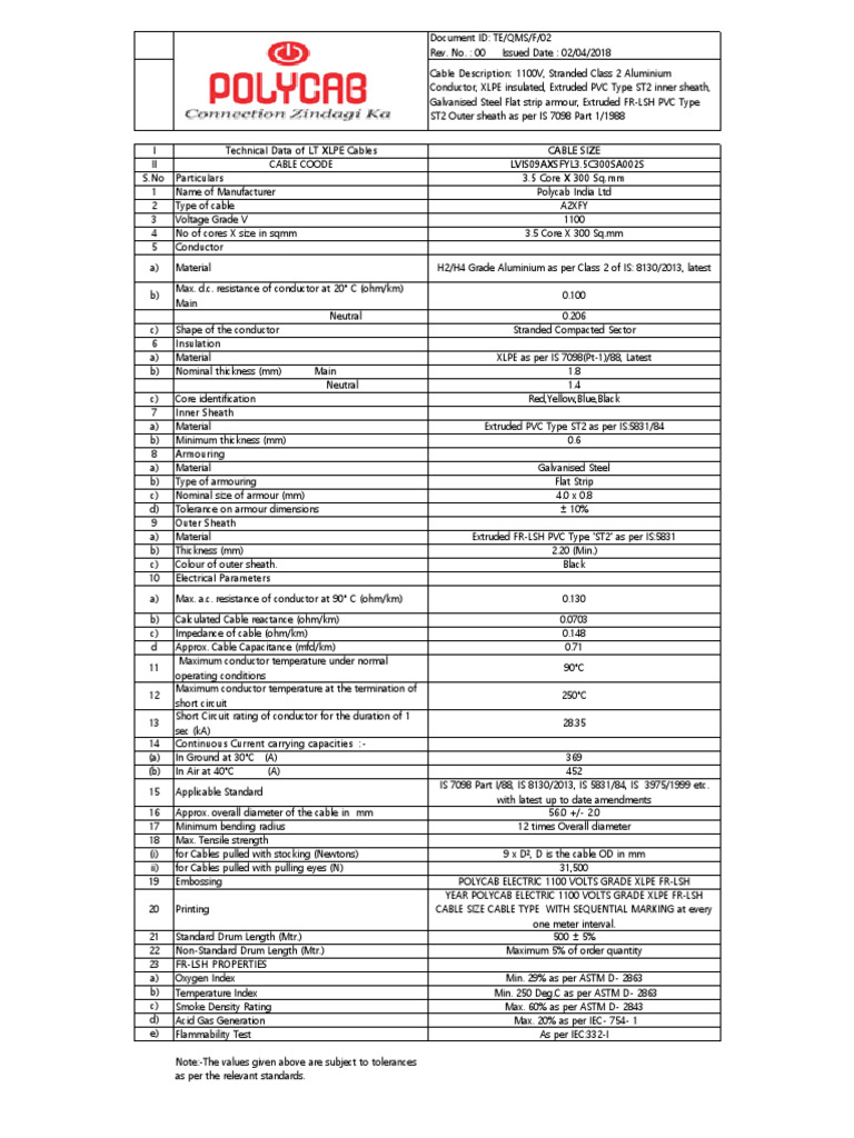LT XLPE Cable Technical Specifications | PDF | Electrical Conductor ...