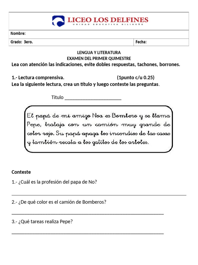 Examen Lengua y Literatura 5to Grado | PDF