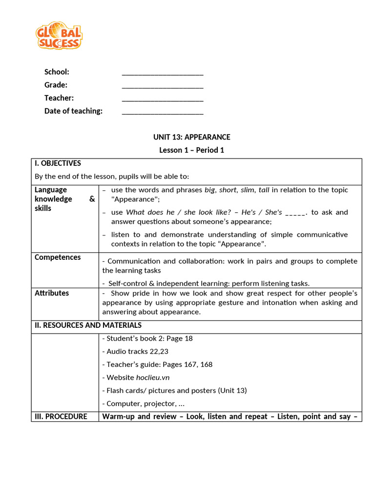 Lesson Plan: Describing Appearance | PDF | Question | Teachers