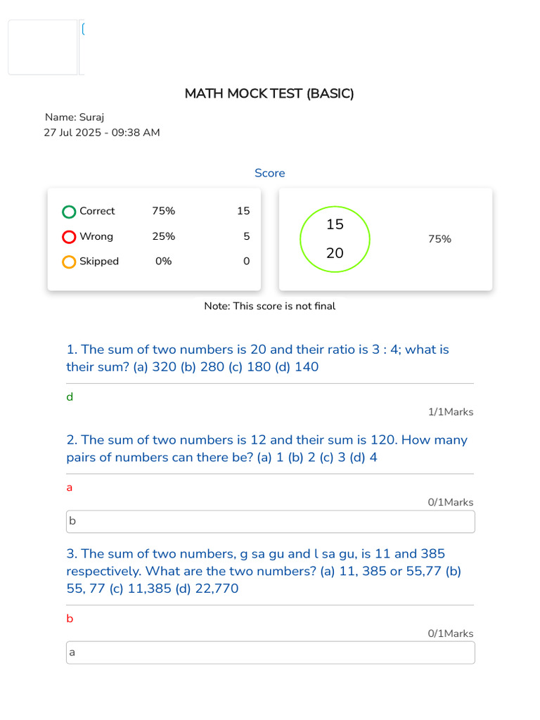 Math Mock Test Results and Analysis | PDF | Ratio | Rupee