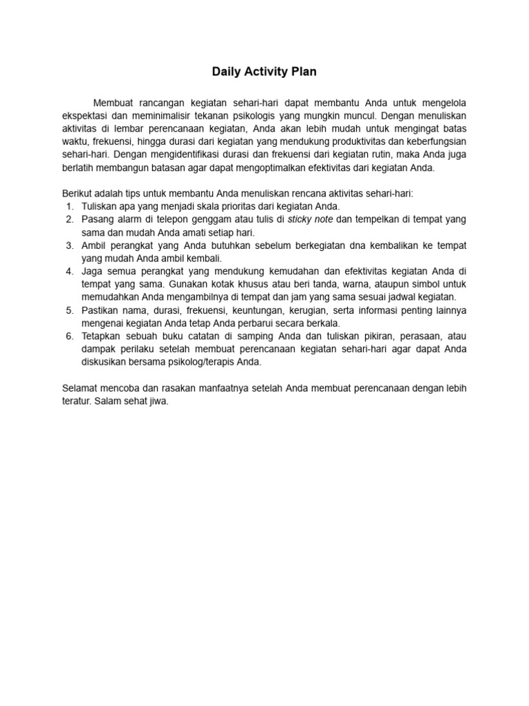 Daily Activity Plan Worksheet | PDF