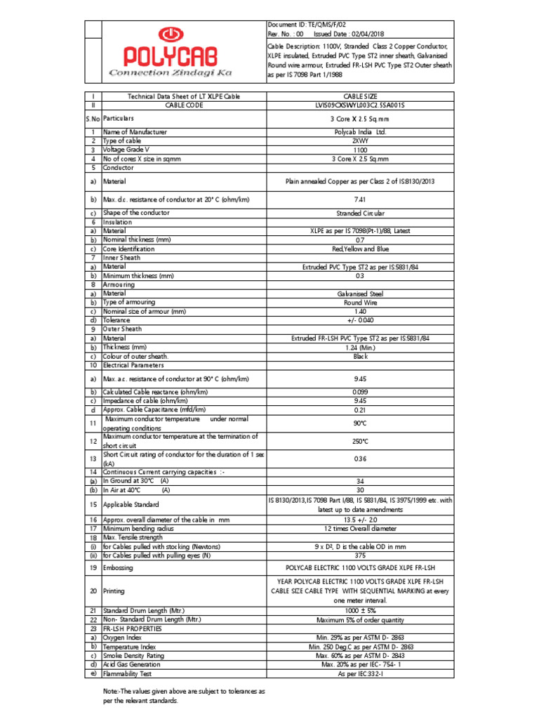 LT XLPE Cable Technical Data Sheet | PDF | Electrical Conductor | Wire