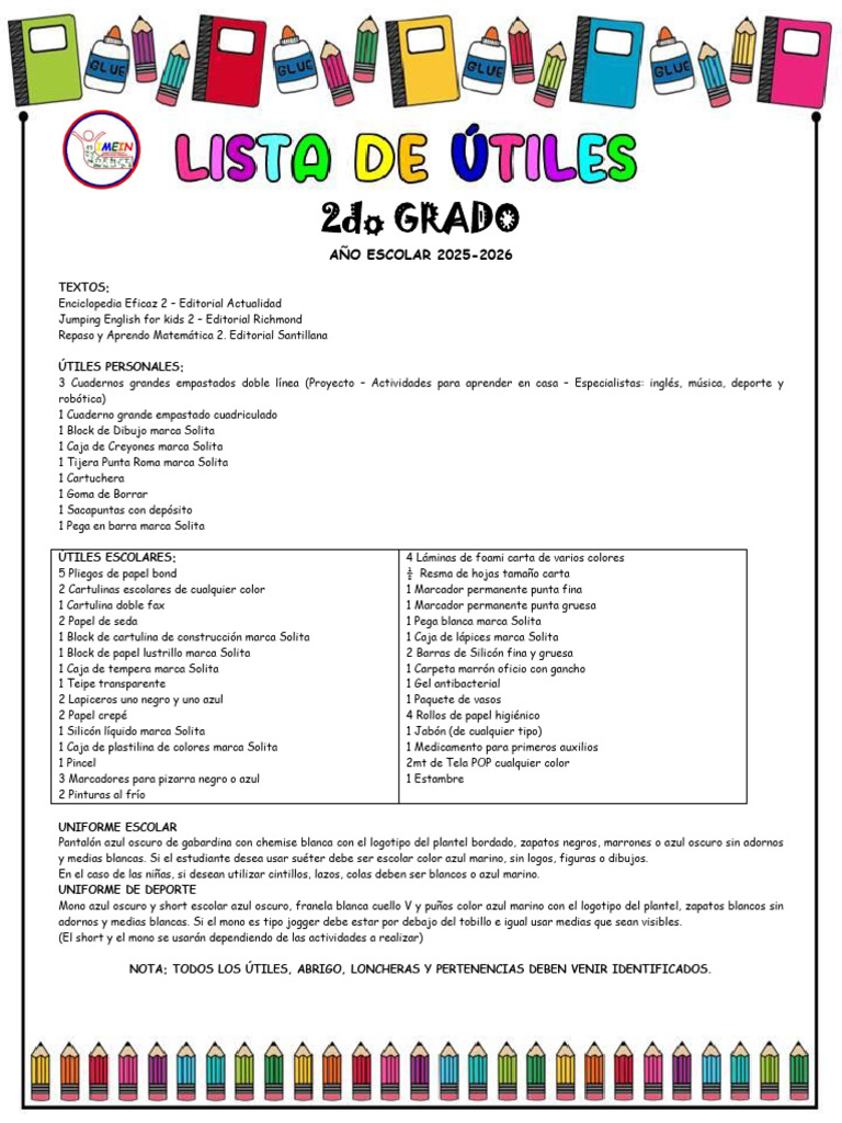 Útiles y Uniforme 2do Grado 2025-2026 | PDF | Papelería