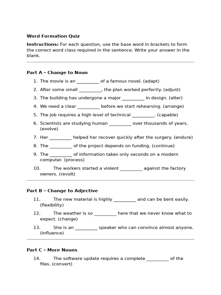 Word Formation Quiz and Interview Questions | PDF | Linguistics | Human ...