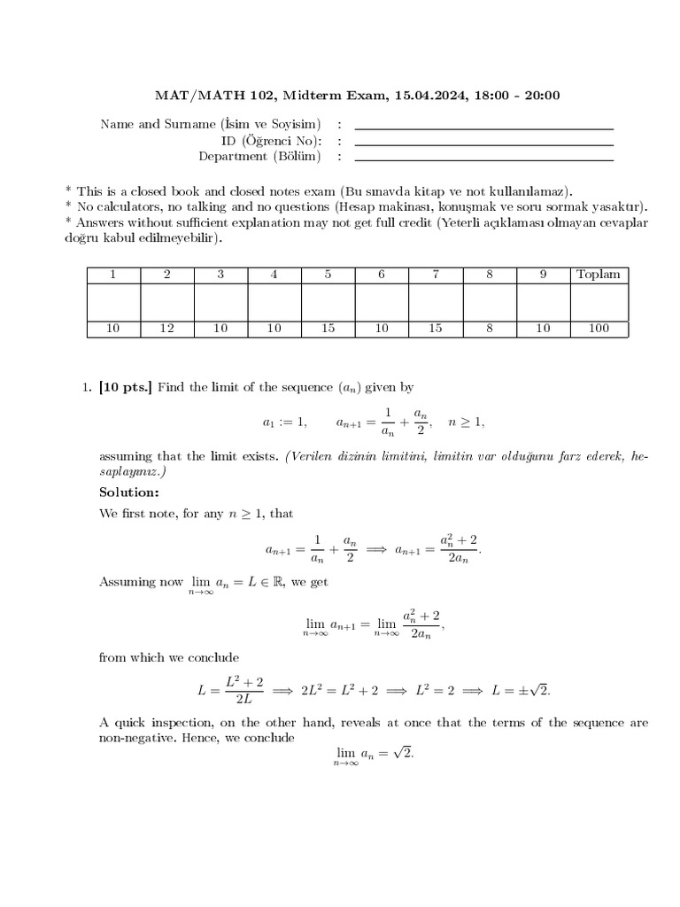 MATH 102 Midterm Exam Details and Solutions | PDF | Analysis ...
