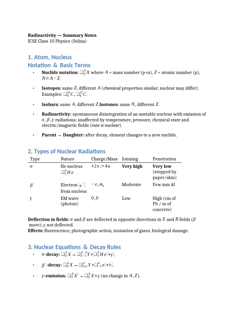 ICSE Class 10 Radioactivity Notes | PDF | Radioactive Decay | Isotope