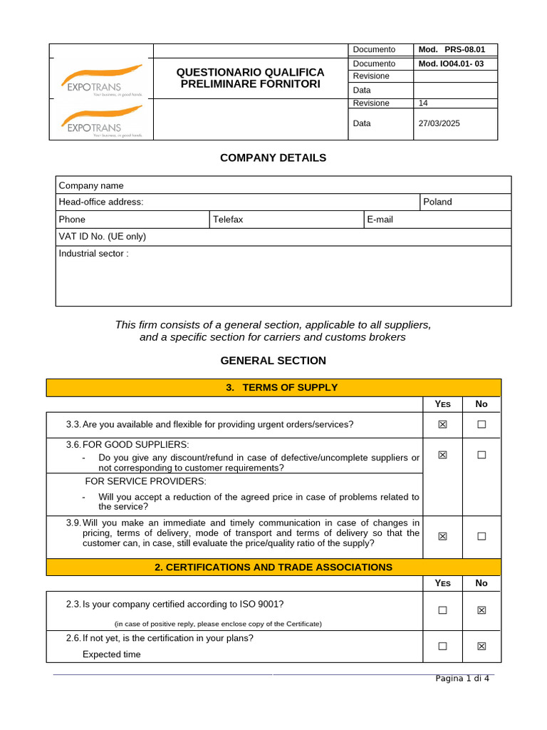 Supplier Qualification Questionnaire | PDF | Regulatory Compliance ...